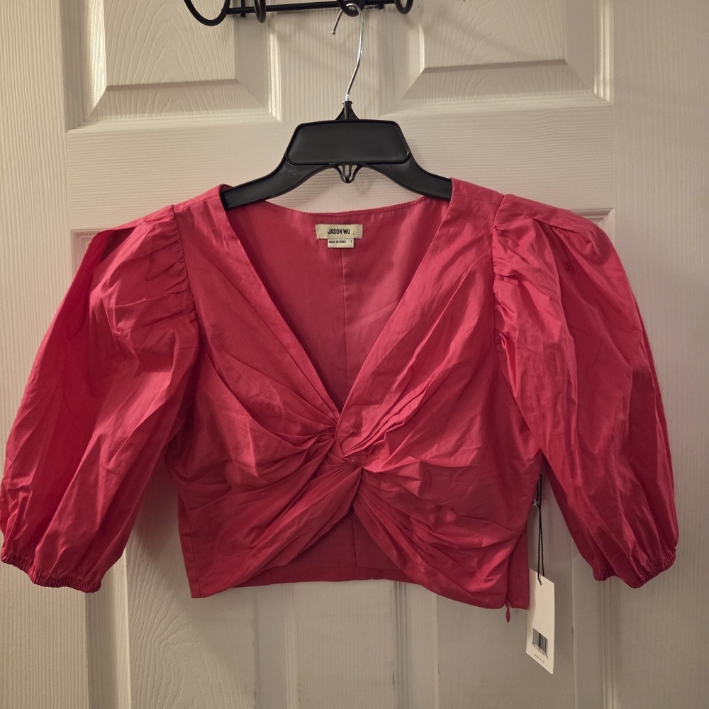 Jason Wu sz S hot pink crop top blouse Twist Front Puff Sleeve NWT feminine